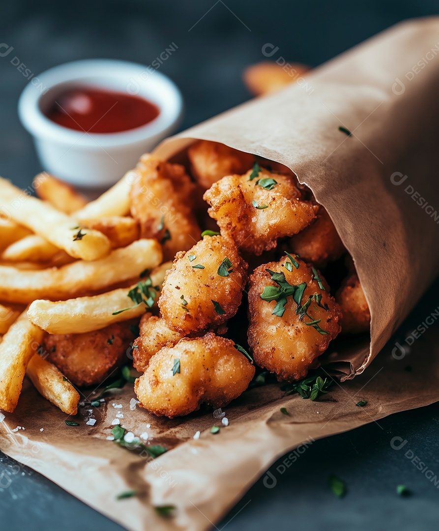 Batatas fritas em um saco de papel com molhos sobre mesa de marmore