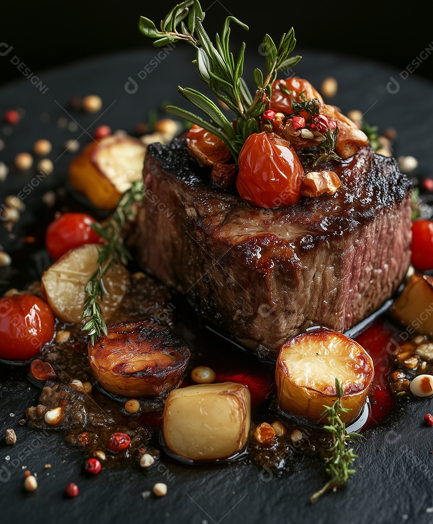 Belo cubo de carne ao ponto com batata tomate e grãos grelhados em um prato sobre fundo isolado