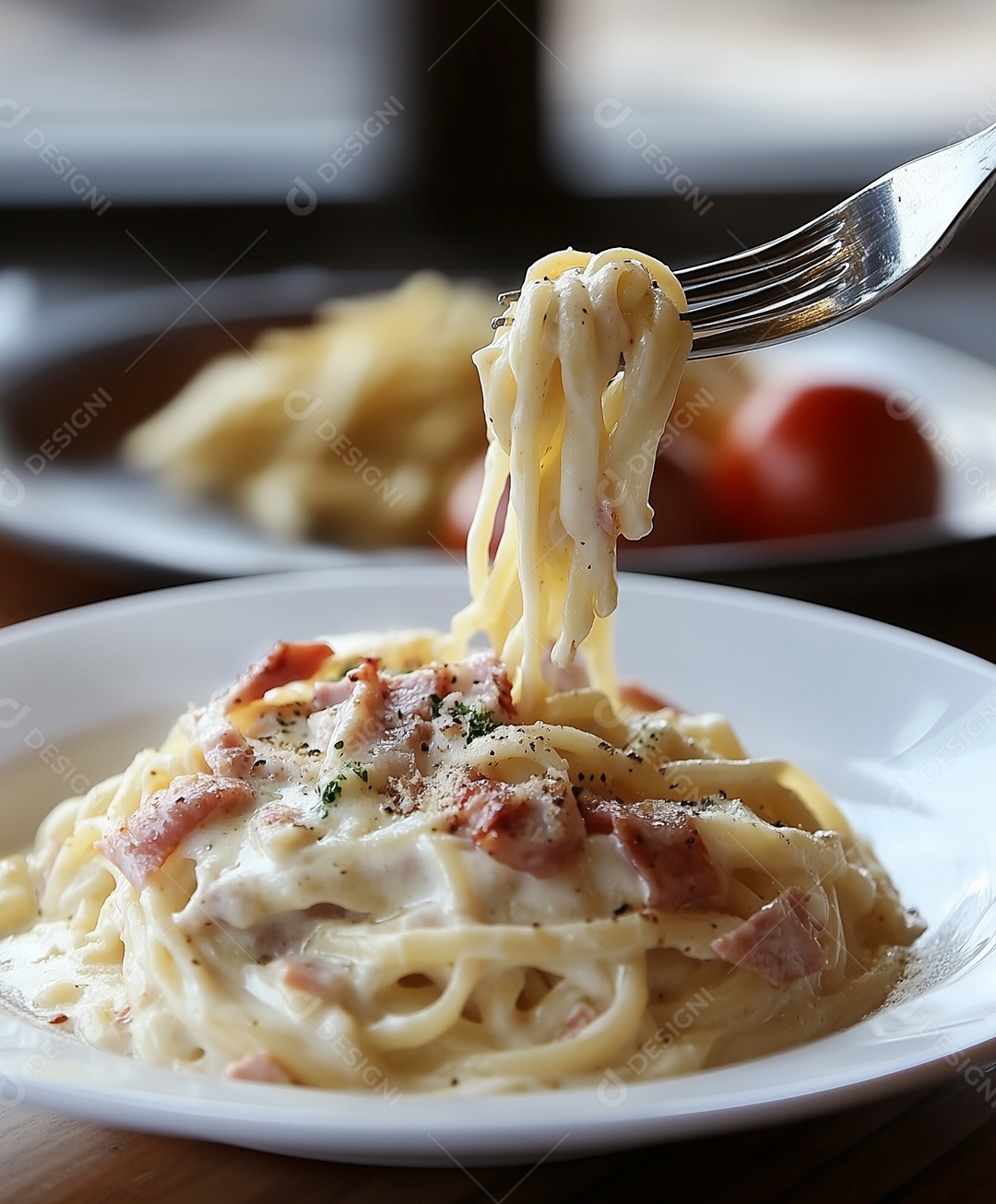 Delícioso esparguete ao molho branco com calabresa e salsa em um prato sobre mesa de madeira