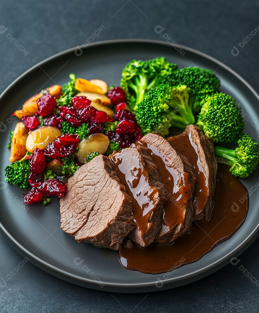 Lindos filés de carnes ao molho shoyu com legumes em um prato sobre mesa de marmore