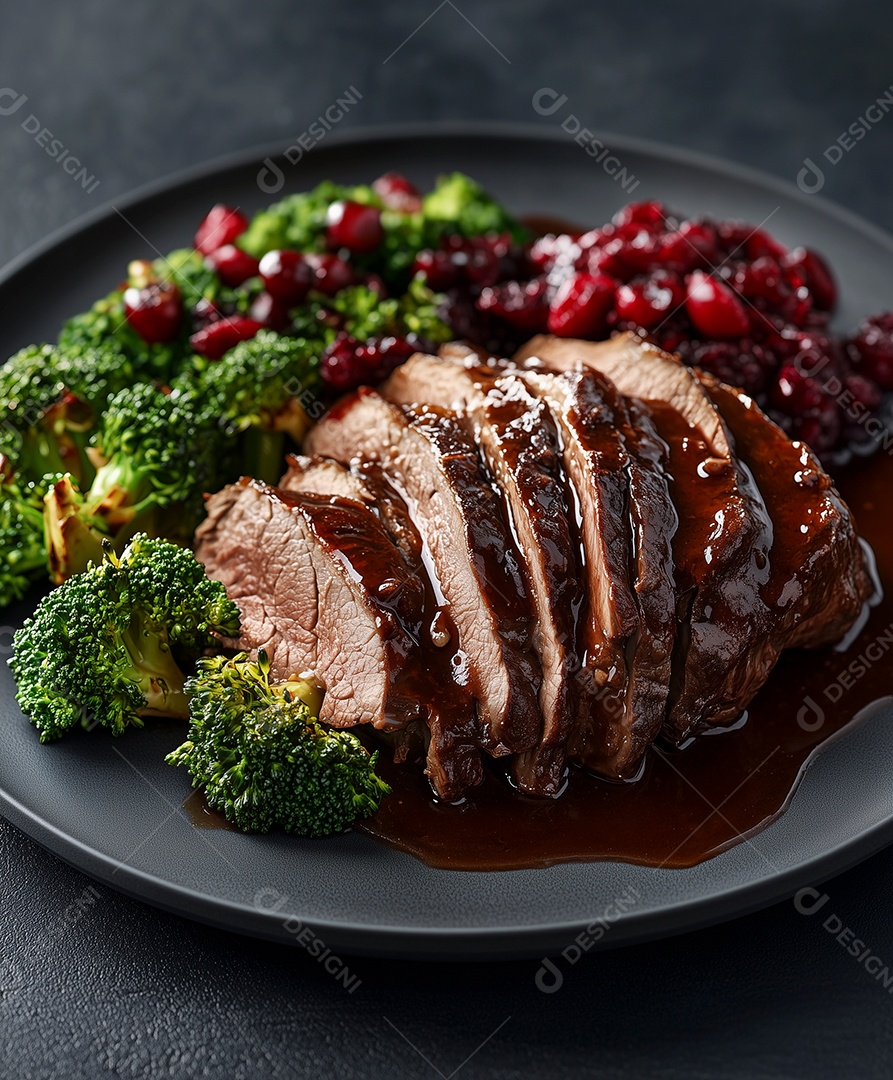 Lindos filés de carnes ao molho shoyu com legumes e geleia em um prato sobre mesa de marmore
