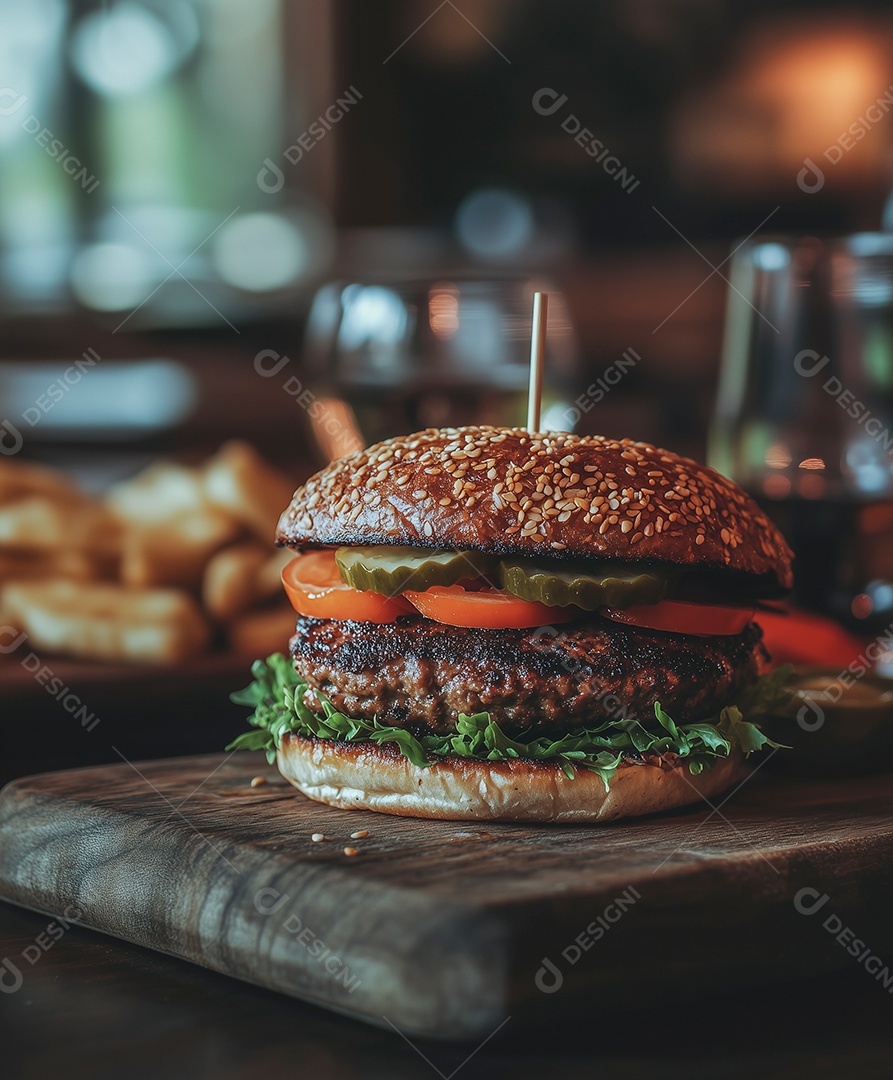 Belo hamburguer sobre mesa de madeira