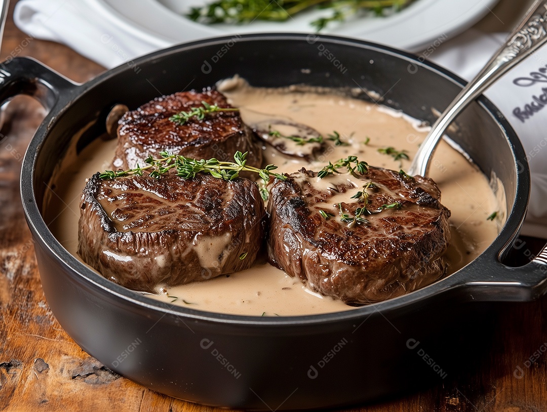 Belos cubos de carnes ao molho com salsa em panela sobre mesa de  madeira
