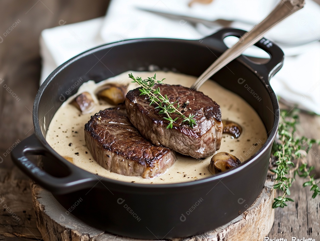 Belos cubos de carnes ao molho com salsa e batata em panela sobre mesa de  madeira