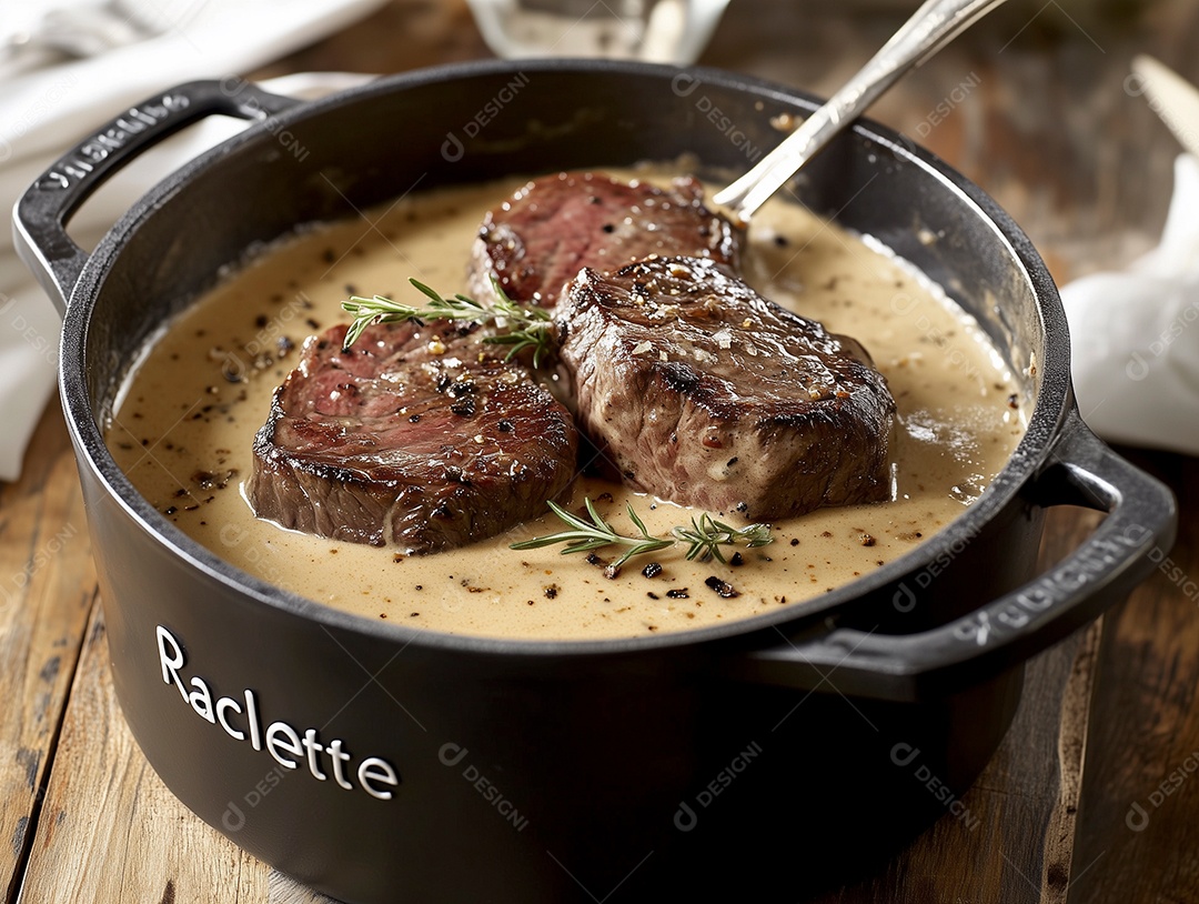 Belos cubos de carnes ao molho com salsa em panela sobre mesa de  madeira