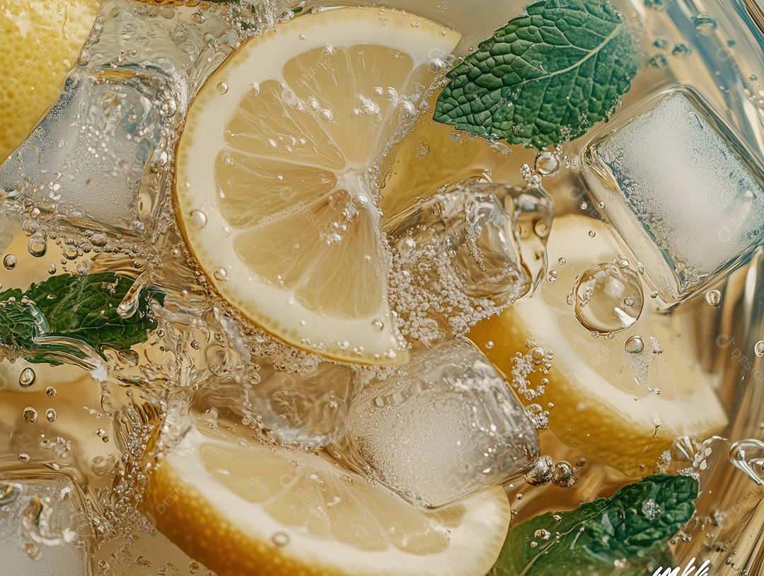 Linda bebida gelada com rodelas de limão e folhas de menta
