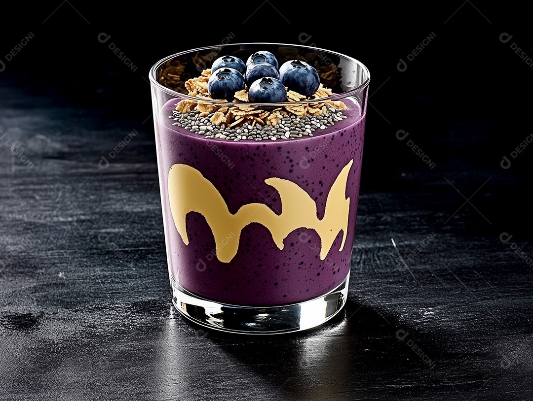 Delíciosa vitamina de mirtilo com granola em copo de vidro sobre fundo Isolado