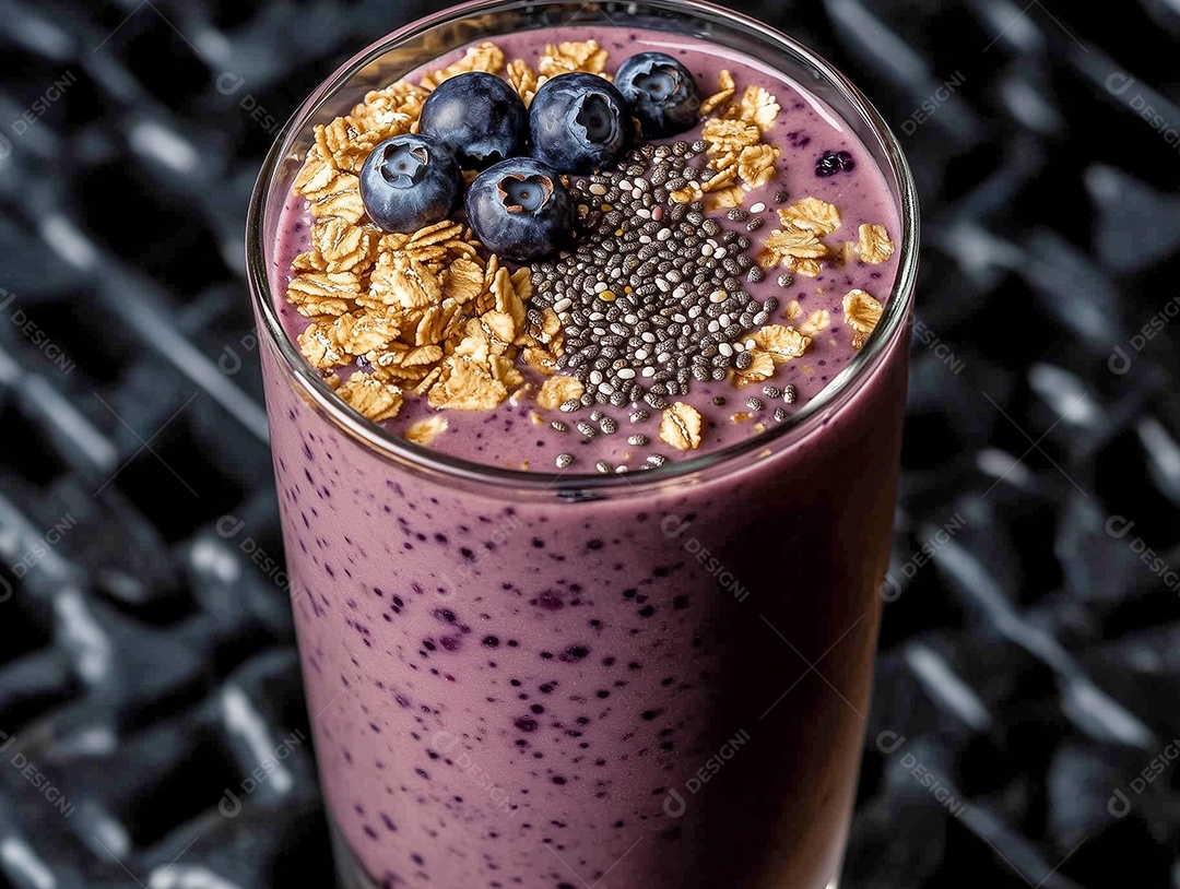 Delíciosa vitamina de mirtilo com granola em copo de vidro sobre fundo Isolado