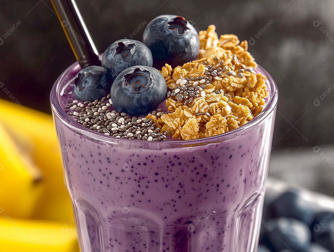 Delíciosa vitamina de mirtilo com granola em copo de vidro sobre fundo desfocado