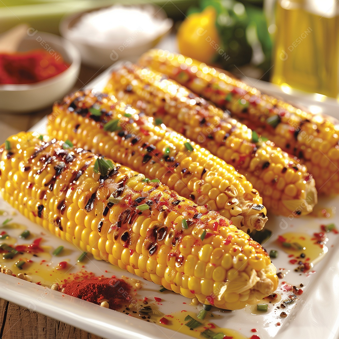 Belos milhos grelhados com bastante tempero em um prato sobre mesa de madeira