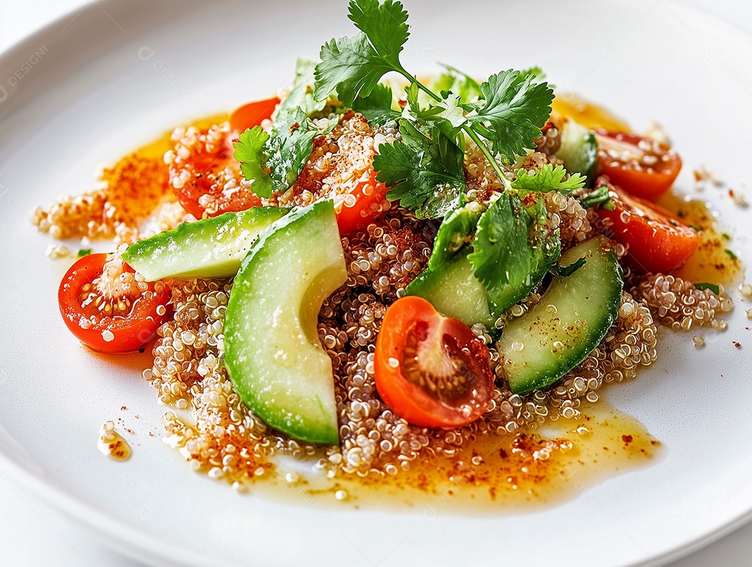 Salada de quinoa em prato com tomate e abacate sobre mesa de marmore