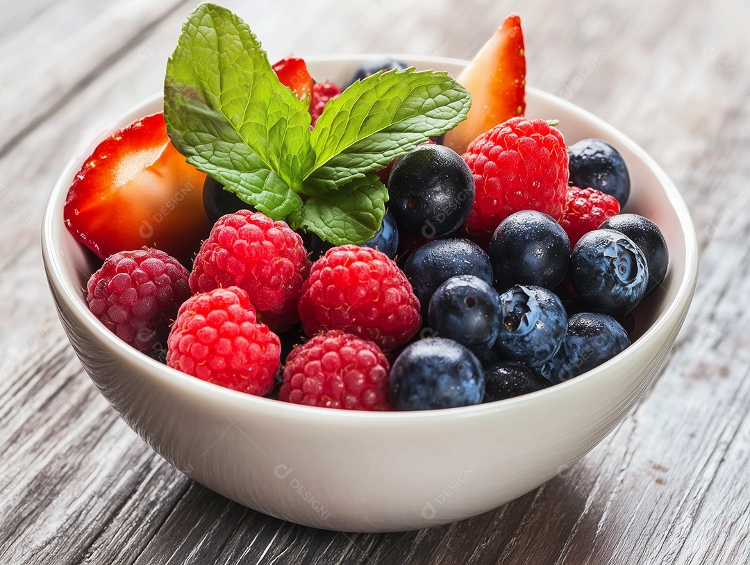 Linda tijela recheada de frutas vermelhas sobre mesa de madeira