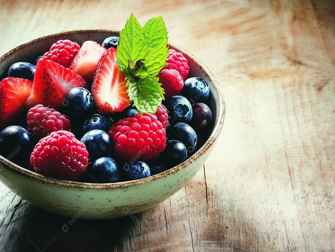 Linda tijela recheada de frutas vermelhas sobre mesa de madeira