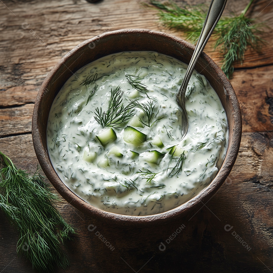 Delícioso molho verde em tijela sobre mesa de madeira