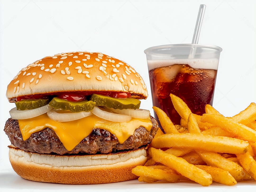 Belo hamburguer com acompanhamento de batata frita e refigrante sobre fundo branco isolado