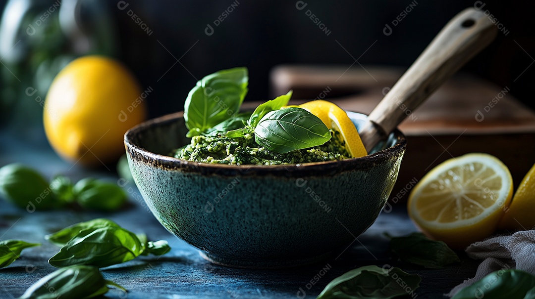Delícioso molho presto em tijela sobre mesa de madeira
