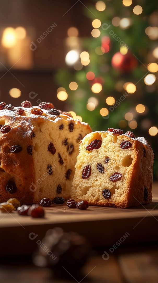 Delícioso panetone com uvas passas sobre mesa de madeira