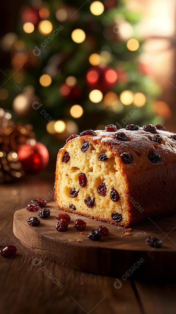 Delícioso panetone com uvas passas em tábua sobre mesa de madeira