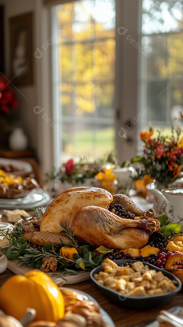 Linda mesa de ação de graças co um lindo peru assado sobre mesa de madeira