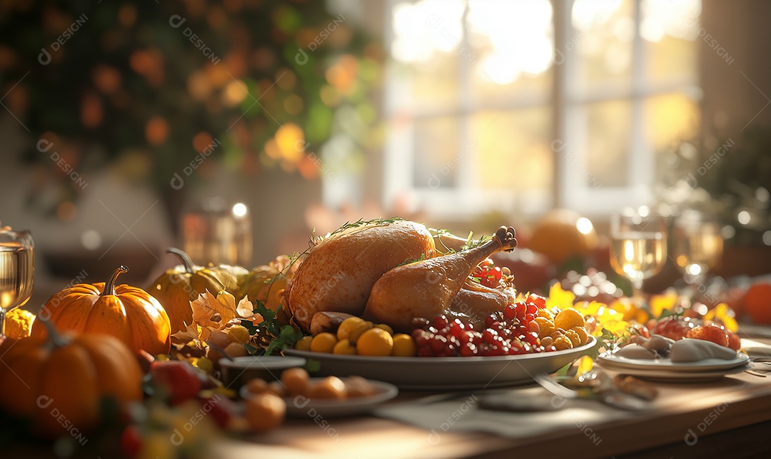 Linda mesa de ação de graças com um lindo peru assado sobre mesa de madeira