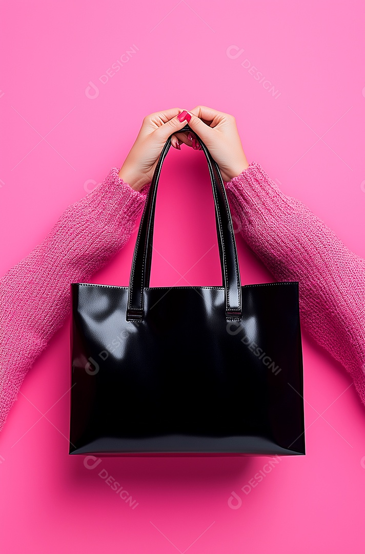 Linda foto de primeira pessoa com mão segurando bolsa sobre fundo rosa isolado