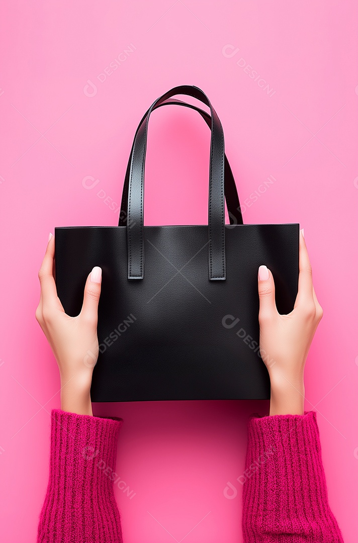 Linda foto de primeira pessoa com mão segurando bolsa sobre fundo rosa isolado