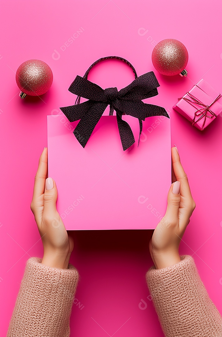 Linda foto de primeira pessoa com mão segurando sacola de presente de natal sobre fundo rosa isolado