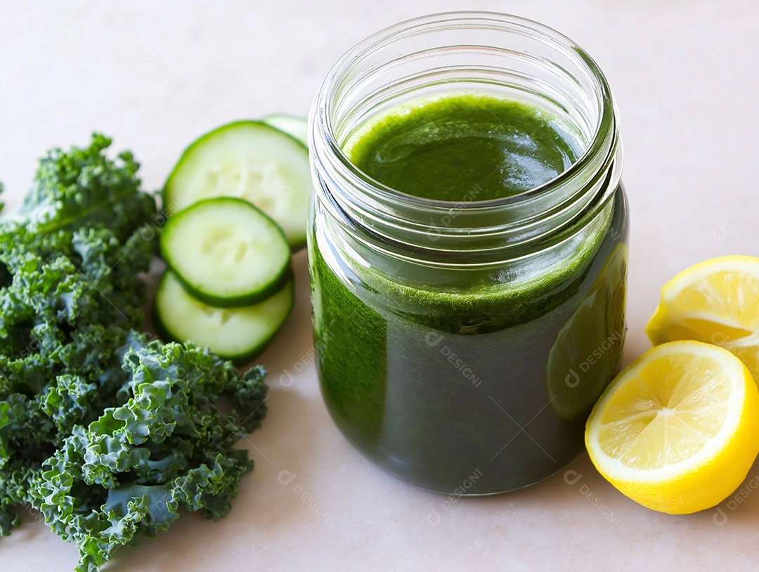 Vitamina saudável com pepino alface e limão em um pote de vidro sobre fundo branco isolado