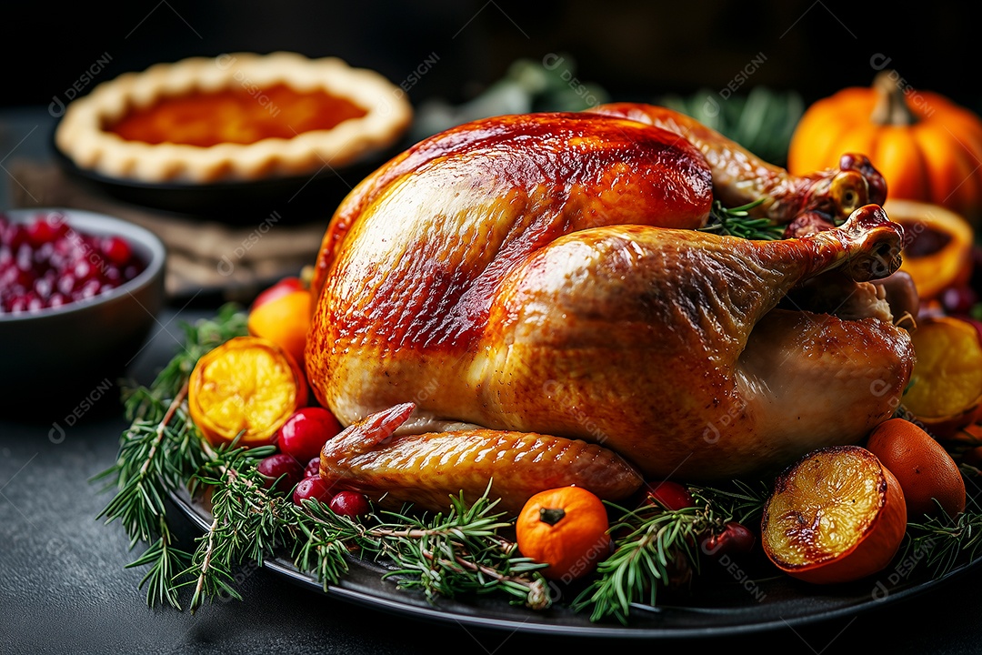 Lindo peru assado em bandeija ao redor de banquete sobre mesa de marmore