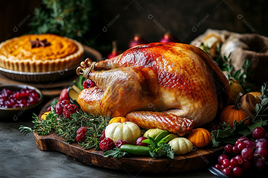 Lindo peru assado em bandeija ao redor de banquete sobre mesa de marmore