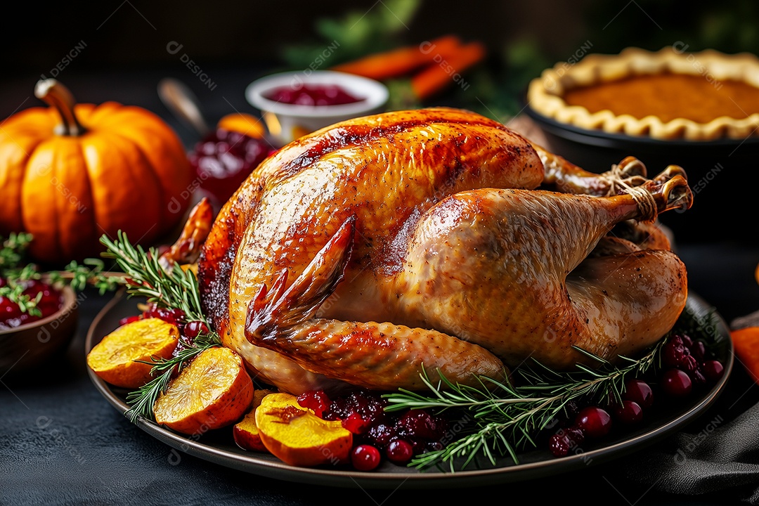 Lindo peru assado em bandeija ao redor de banquete sobre mesa de madeira