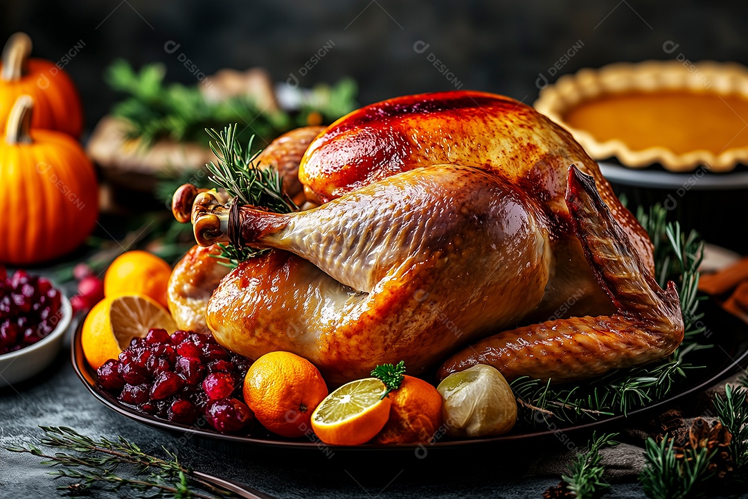 Lindo peru assado em bandeija ao redor de banquete sobre mesa de madeira