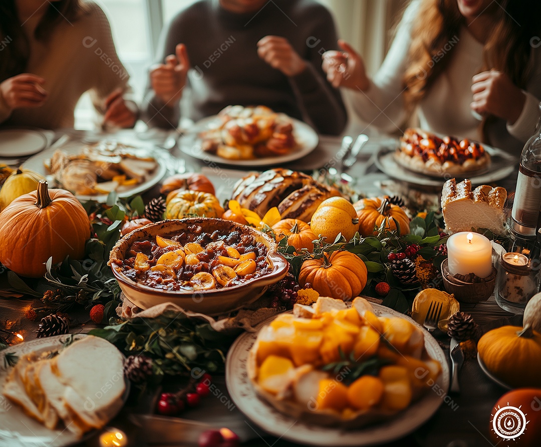 Lindo cenário de jantar de ação de graças abóboras de frutas de outono nozes peru assado folhas caídas sobre mesa de madeira