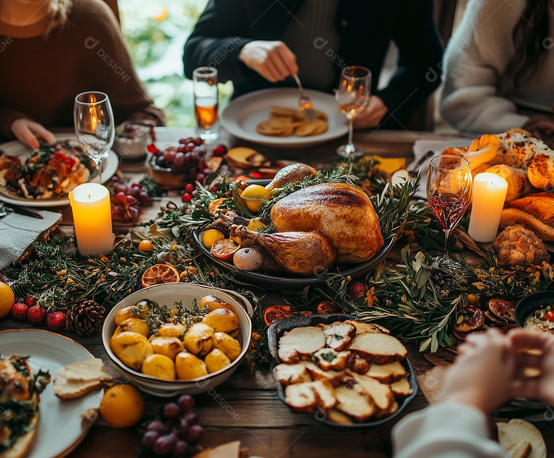 Lindo cenário de jantar de ação de graças abóboras de frutas de outono nozes peru assado folhas caídas sobre mesa de madeira