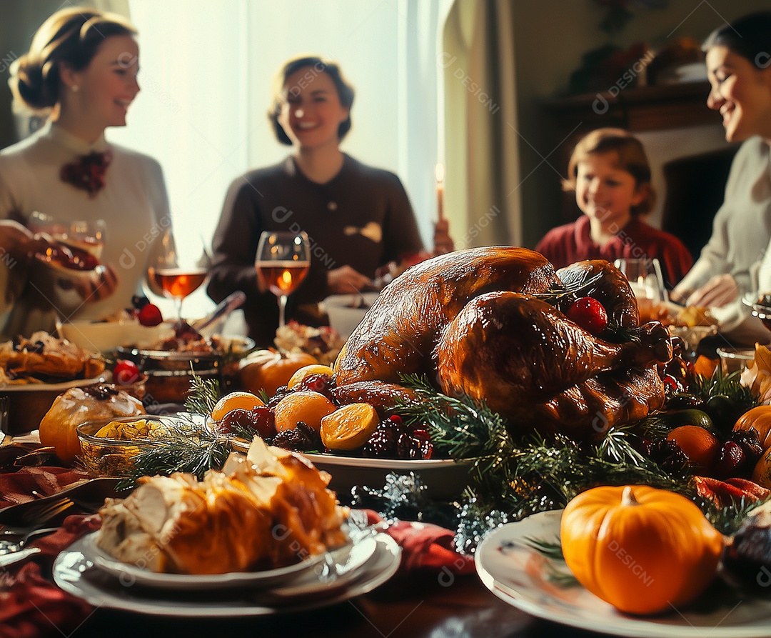 Linda mesa posta para um jantar de ação de graças com um vaso de flores e velas sobre mesa de madeira