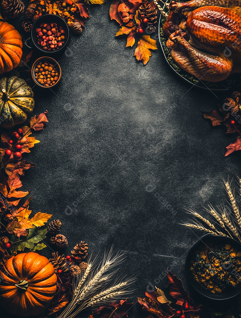 Lindo cenário de jantar de ação de graças abóboras de frutas de outono nozes peru assado folhas caídas sobre fundo isolado