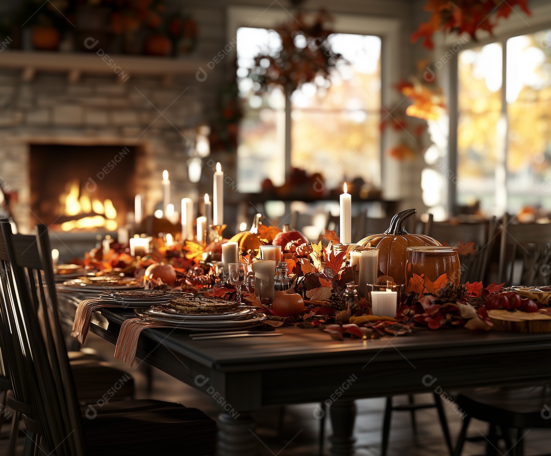 Linda mesa posta para um jantar de ação de graças com um vaso de flores e velas sobre mesa de madeira