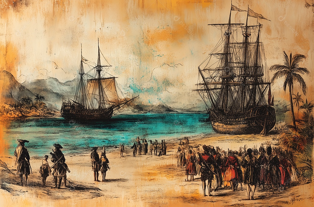 Linda pintura de navios ancorado sobre uma praia