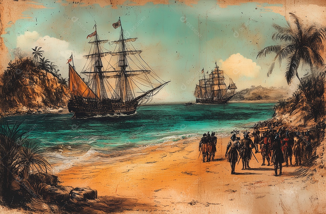 Linda pintura de navios ancorado sobre uma praia