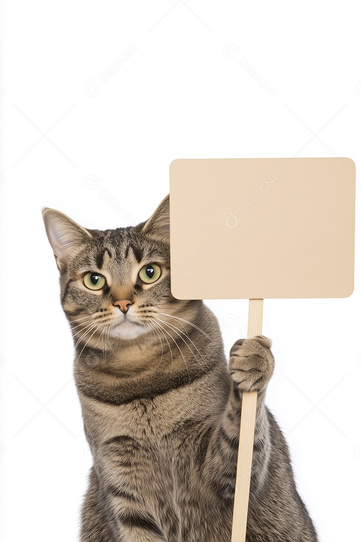 Lindo gatinho segurando placa em branco sobre fundo branco isolado