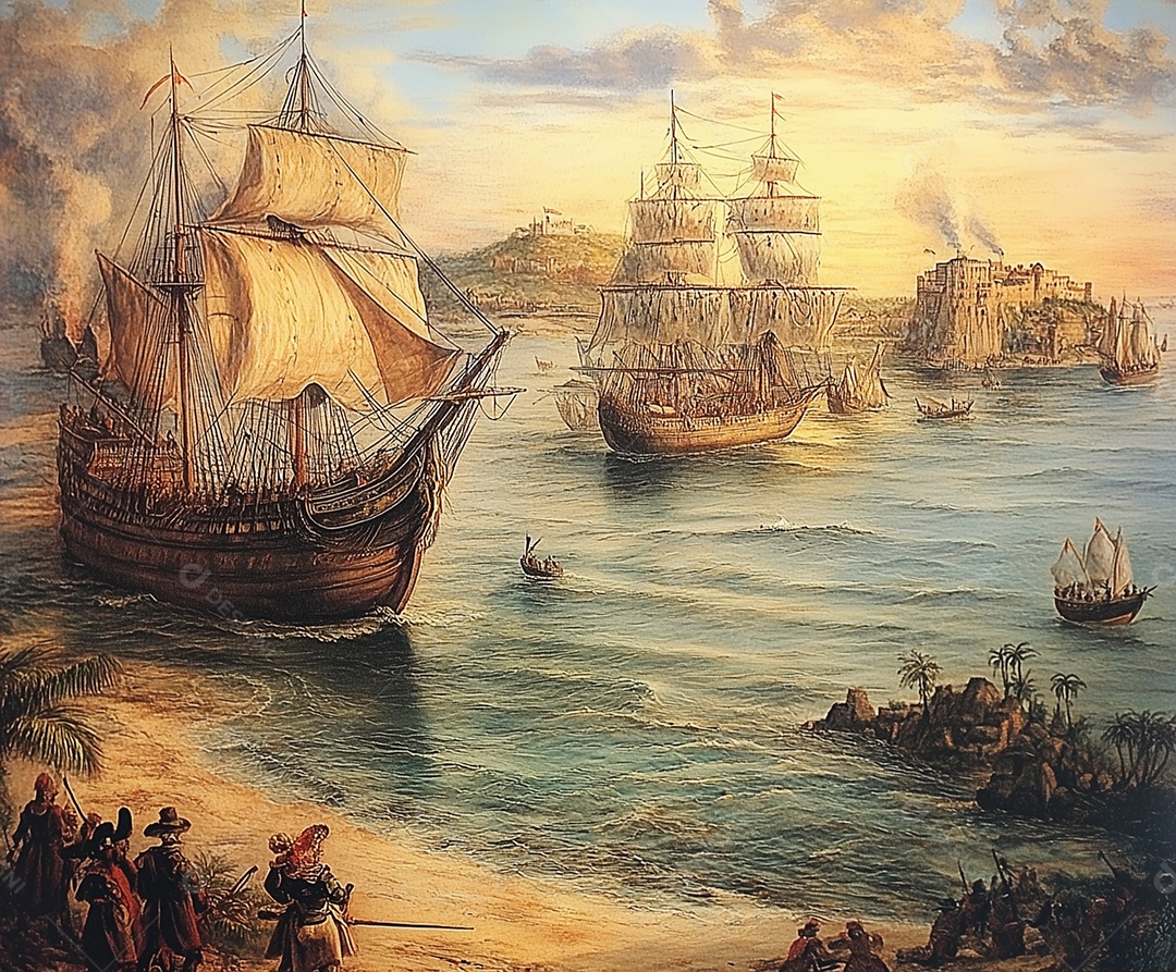 Linda pintura de navios ancorado sobre uma praia