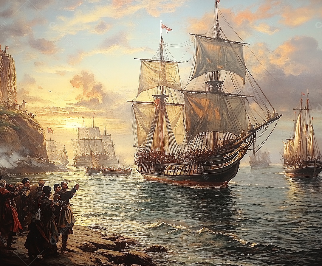 Linda pintura de navios ancorado sobre uma praia