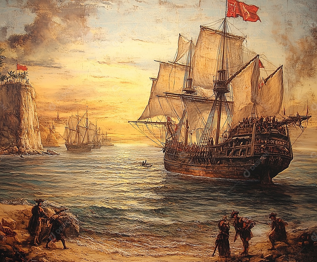 Linda pintura de navios ancorado sobre uma praia