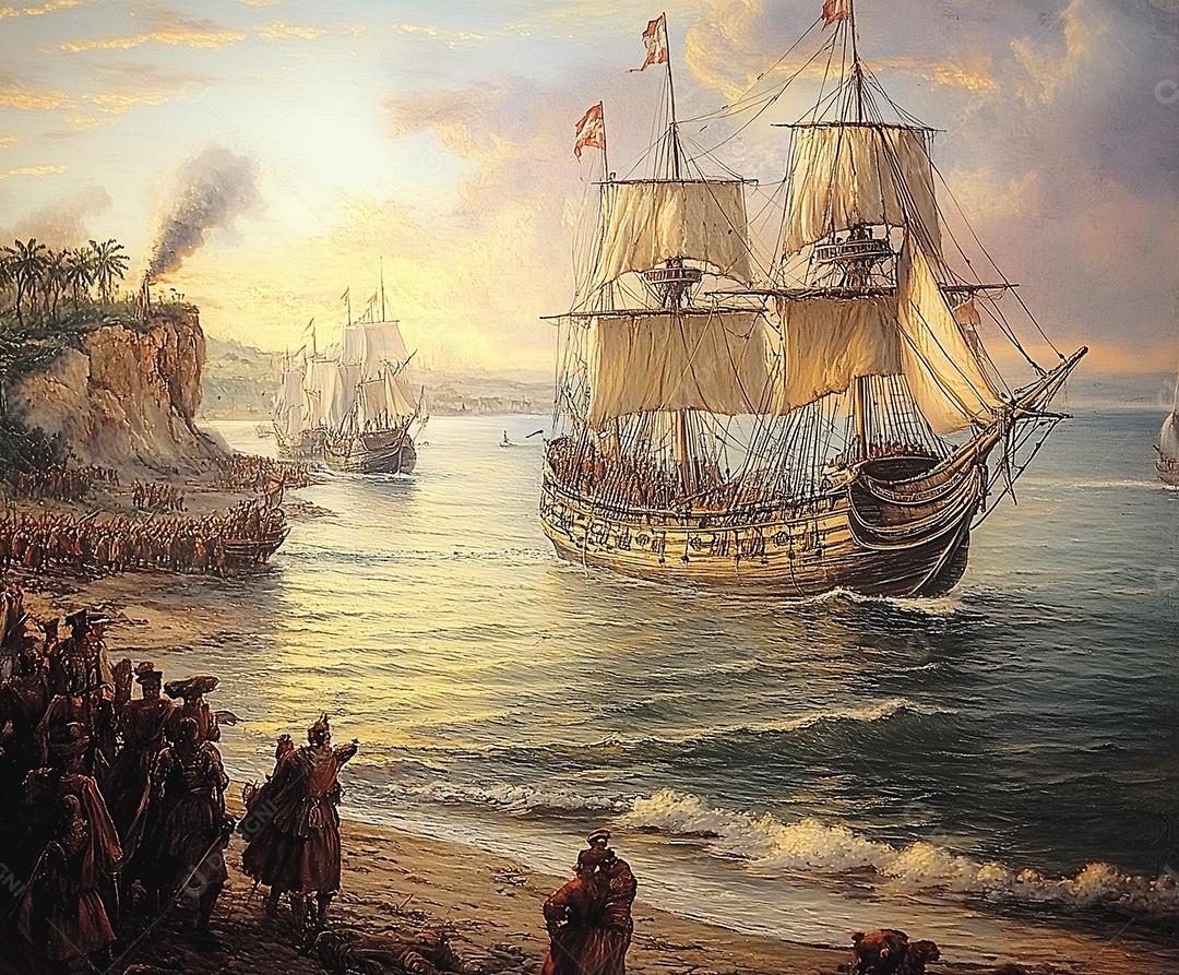 Linda pintura de navios ancorado sobre uma praia