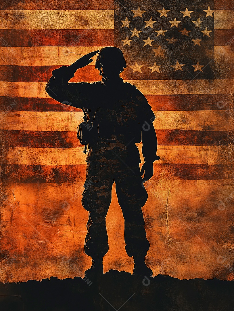 Linda silhueta de soldado americano sobre bandeira americana