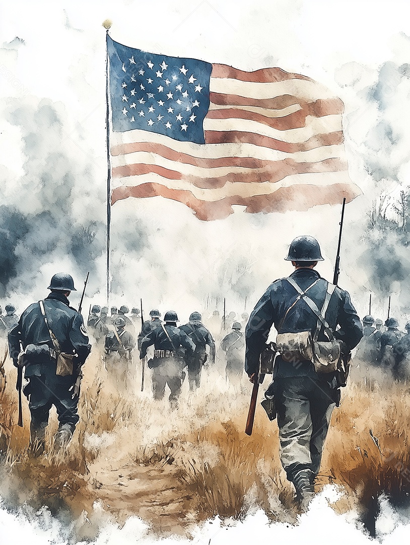 Lindas silhuetas de soldados americano sobre bandeira americana