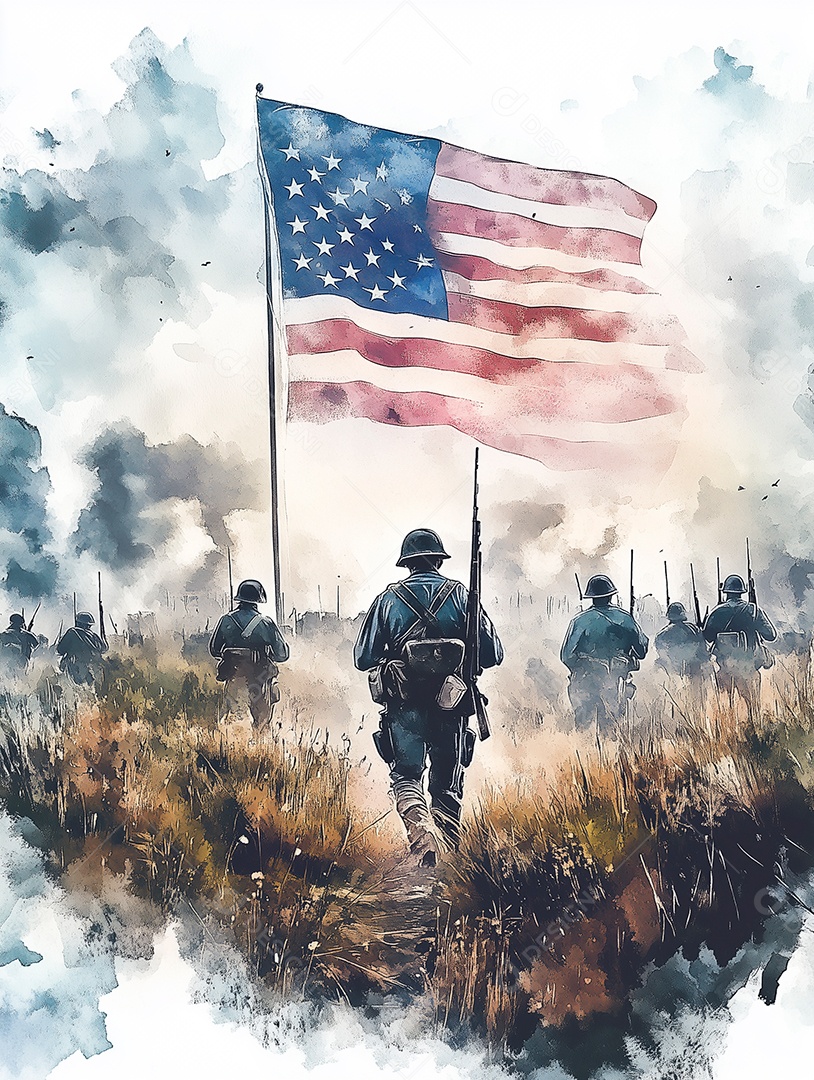 Lindas silhuetas de soldados americano sobre bandeira americana