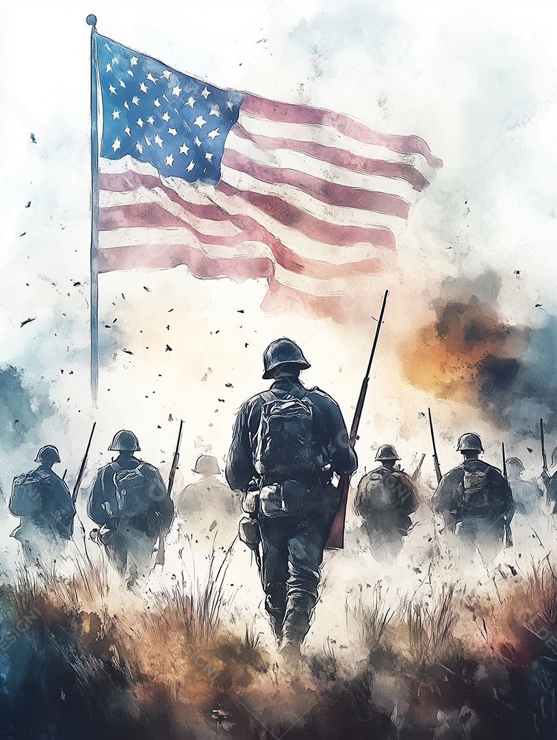 Lindas silhuetas de soldados americano sobre bandeira americana