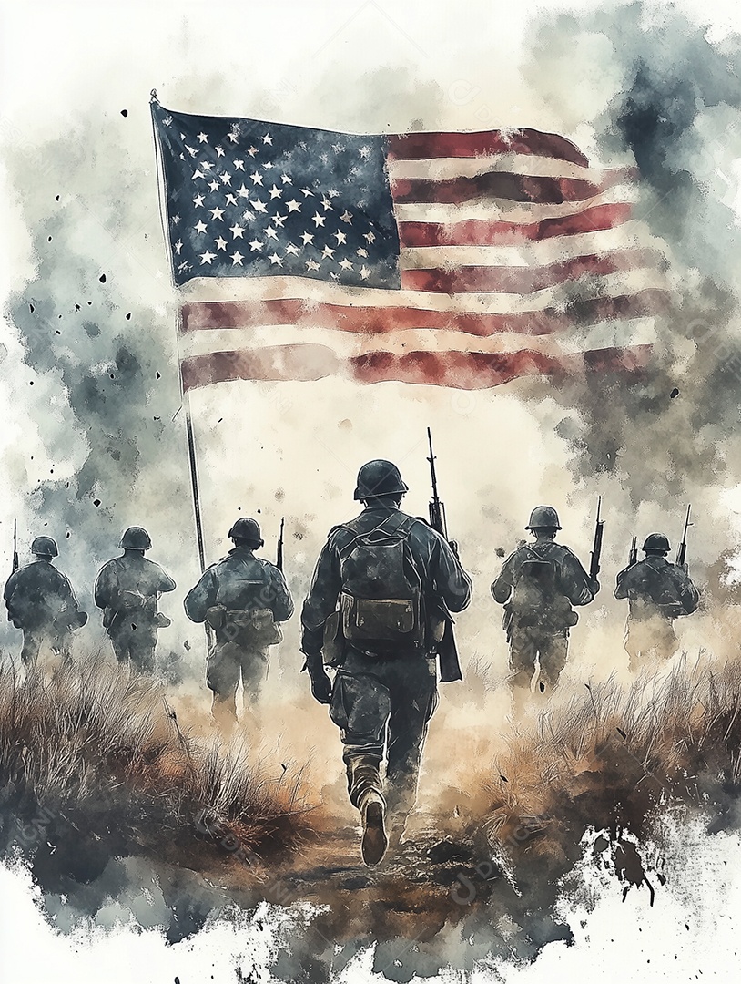 Lindas silhuetas de soldados americano sobre bandeira americana