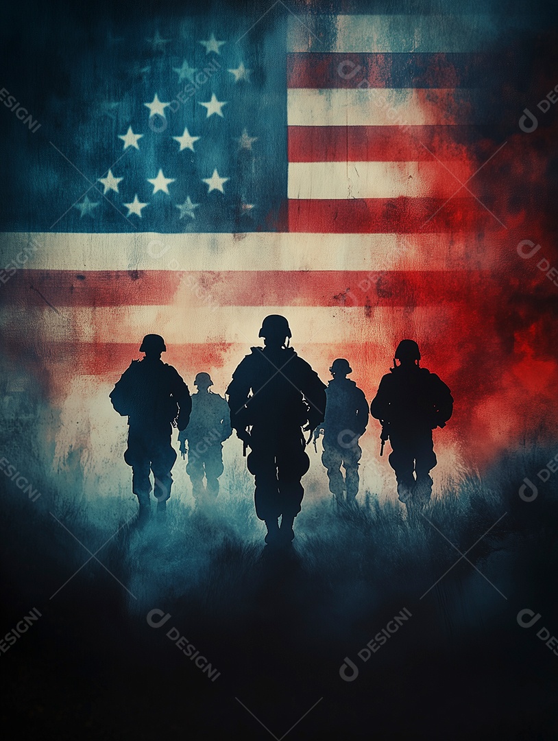 Lindas silhuetas de soldados americano sobre bandeira americana